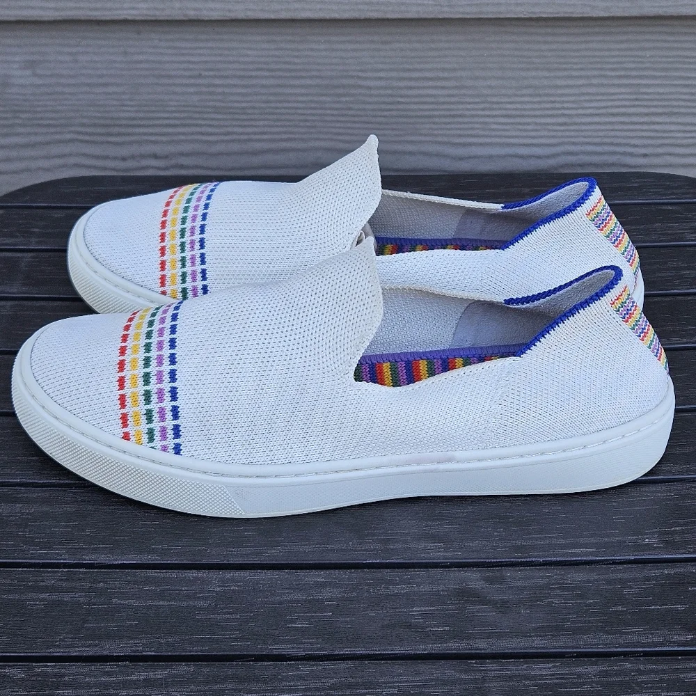 Rothys The Kid Rainbow White Sneaker Slip On Shoes Youth Girls Size 4
